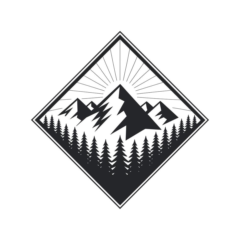 Monochrome Mountain Range with Forest and Sun Rays in a Diamond Shape for Outdoor Adventure and Nature Enthusiasts Design Concept vector