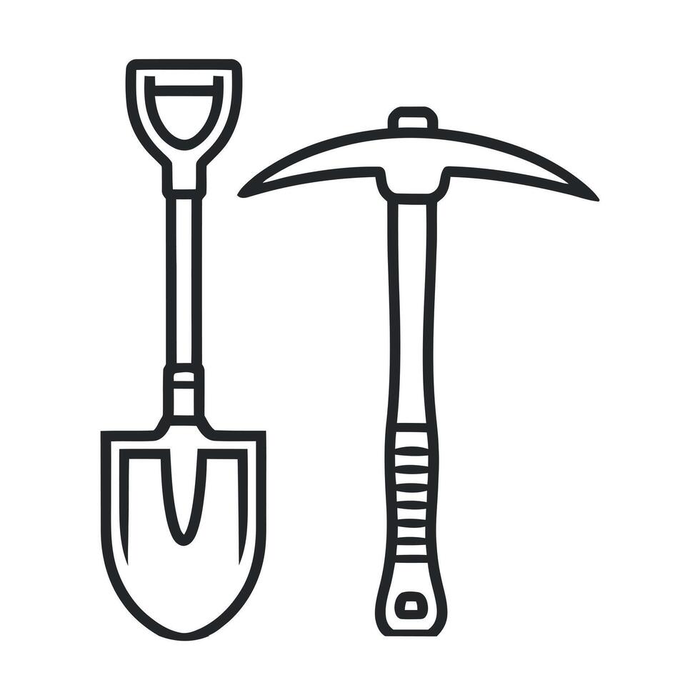 Shovel and Pickaxe Outline Icons Construction and Mining Tools Agricultural Equipment Gardening and Farming Illustration vector