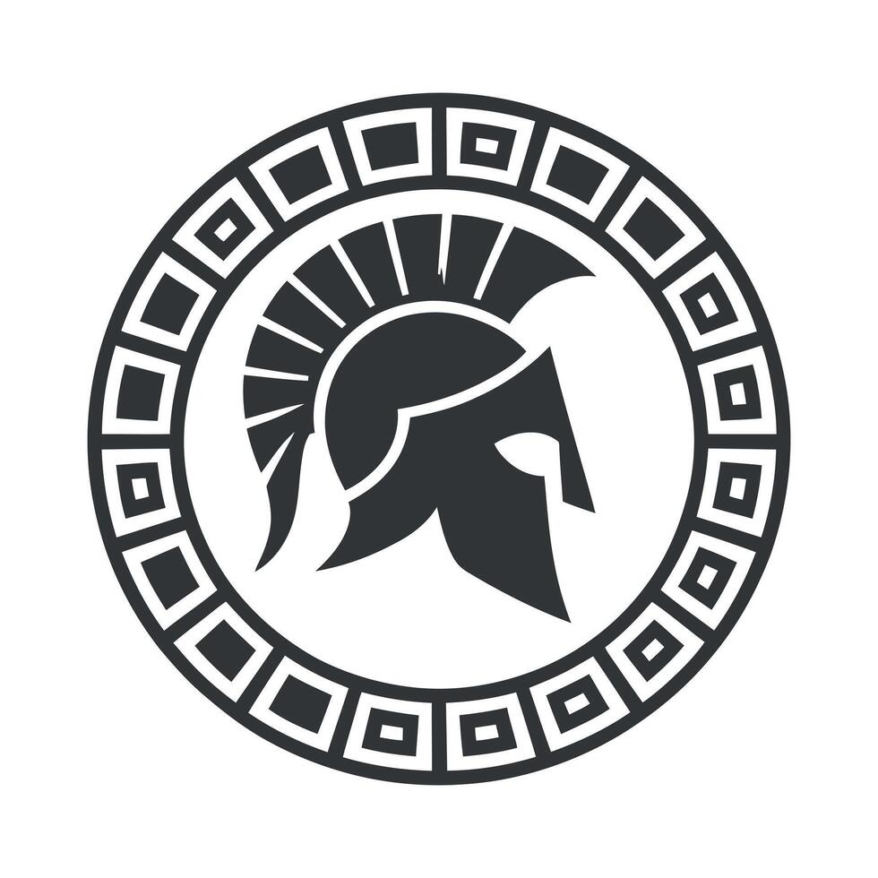 Spartan Helmet Inside a Shield with Geometric Border Ancient Greek Warrior Symbol Illustration Isolated on White Background vector