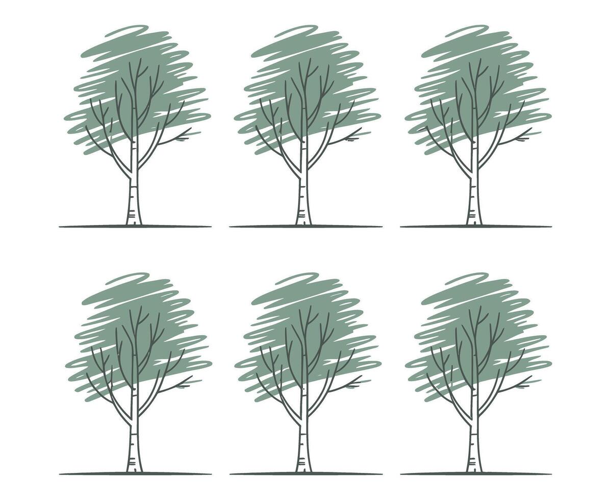 Set of Six Minimalist Birch Trees with Green Foliage and Black Branches on a White Background for Design Projects vector