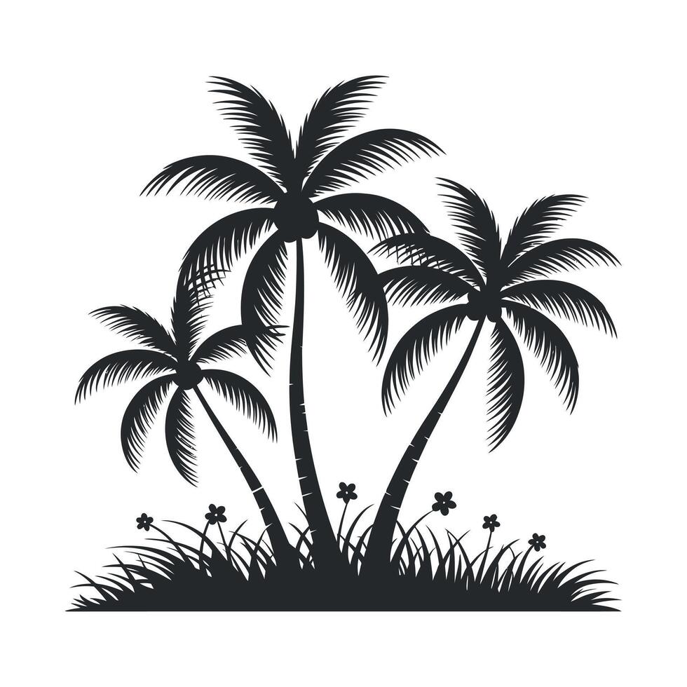 Elegant Silhouette of Three Palm Trees with Lush Grass and Flowers Isolated on White Background Ideal for Tropical and Summer Themed Designs vector