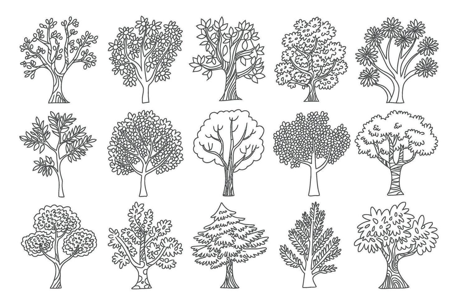 Set of Fifteen Different Trees in Doodle Style Black and White Illustration for Coloring Books and Creative Projects with Nature Elements vector