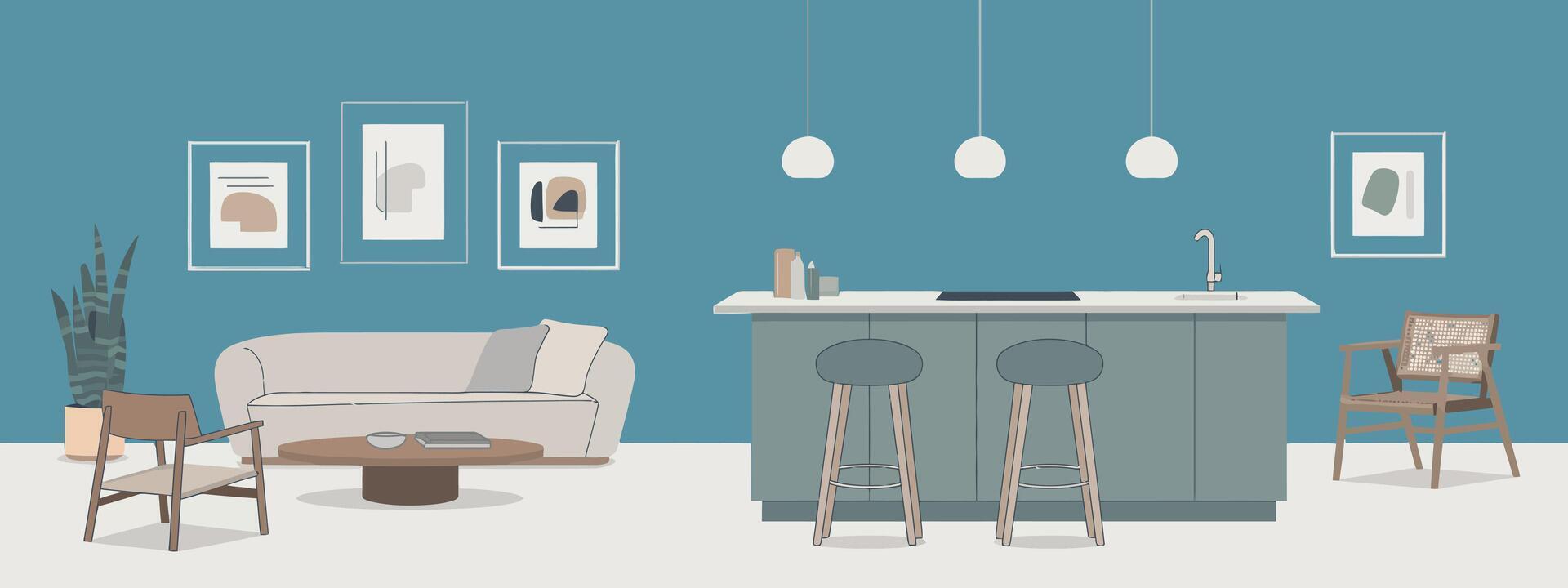 Modern Open Concept Living Space with Kitchen Island Sofa and Armchairs in Earthy Tones and Blue Accents Illustration vector