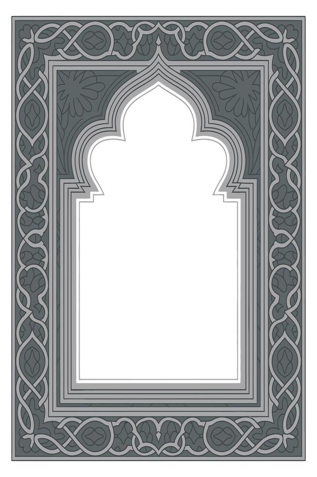 Elegant Islamic Arch Frame with Intricate Celtic Knot Border and Floral Motifs in Gray Tones for Decorative Design Projects vector