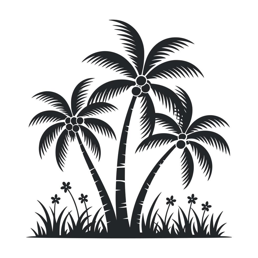 Silhouette Illustration of Three Palm Trees with Coconuts Grass and Flowers in a Tropical Setting Isolated on a White Background vector