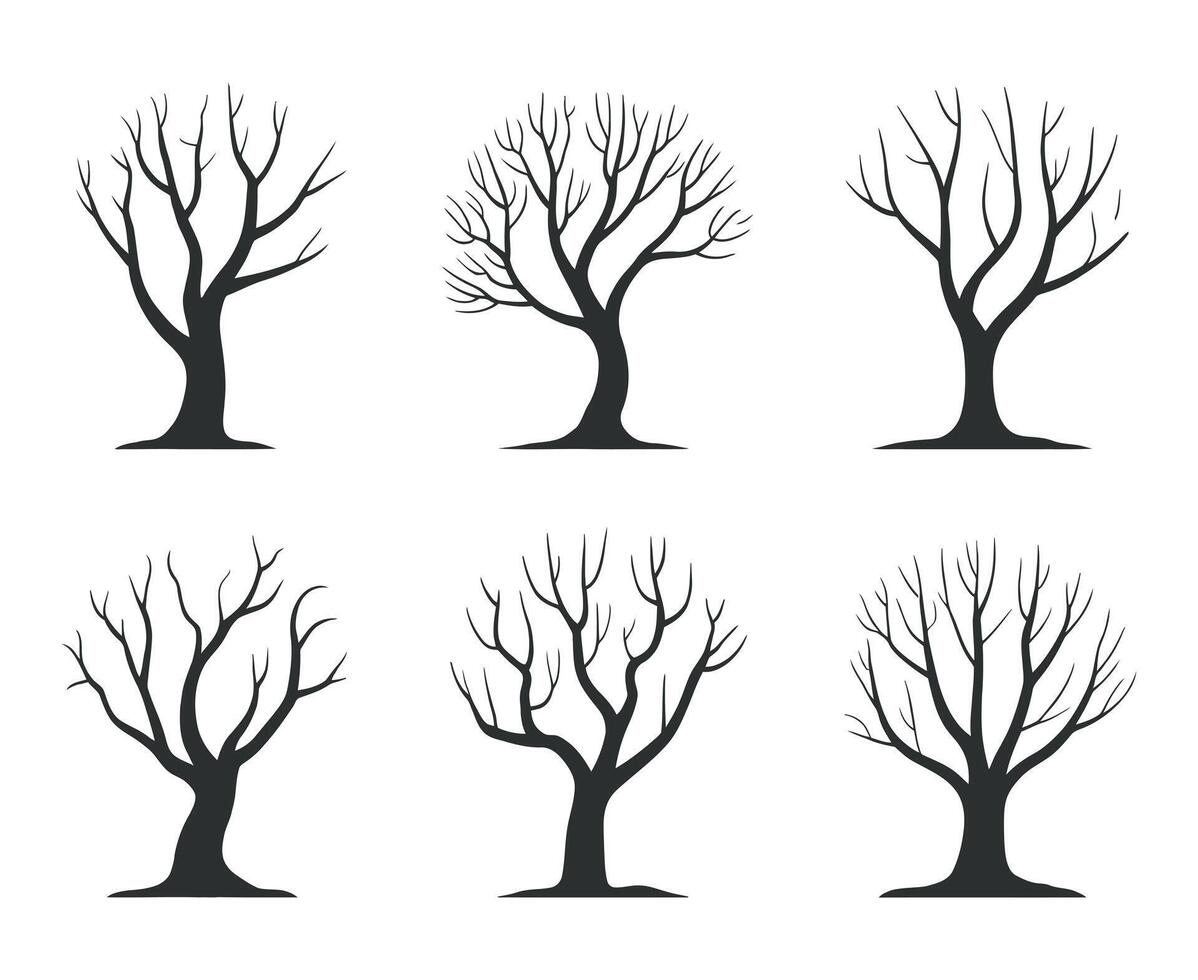 Set of Six Bare Tree Silhouettes on a White Background for Winter Autumn Halloween and Spooky Graphic Designs and Illustrations vector