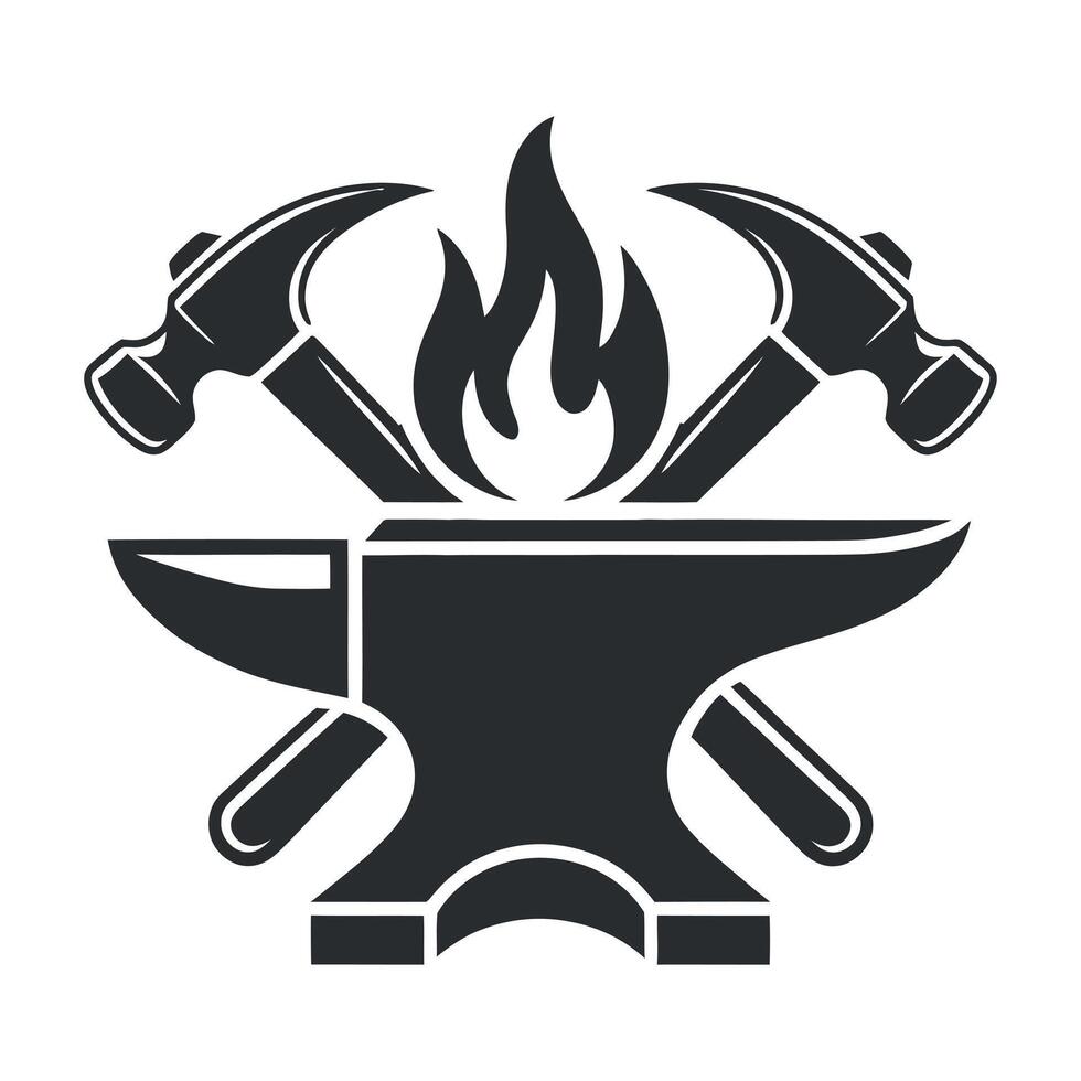 Blacksmithing Icon with Anvil Hammers and Flame Symbolizing Craftsmanship Metalworking and Traditional Skills in a Simple Bold and Striking Design vector