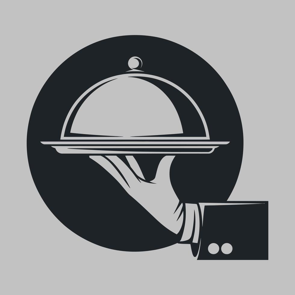 Elegant Hand Holding a Silver Serving Tray with Dome Cover Representing Fine Dining and Hospitality Services in a Minimalist Design vector