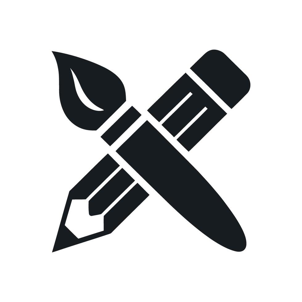 Minimalist Icon of Crossed Paintbrush and Pencil Symbolizing Creativity and Artistic Expression in Black and White Design vector