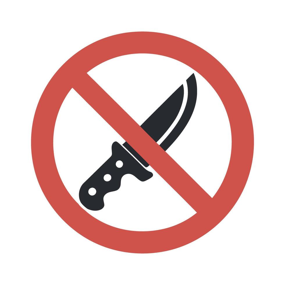 Prohibition Sign with Knife Icon No Sharp Objects Allowed Forbidden Symbol Safety and Security Red Circle Black Silhouette White Background Flat Design vector