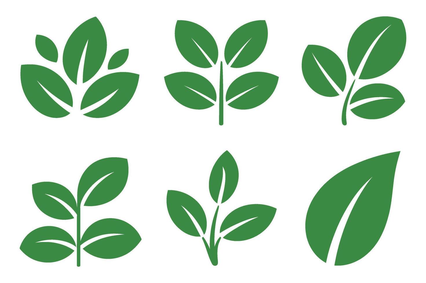 Collection of Six Green Leaf and Plant Icons Isolated on a White Background Representing Nature Growth and Environmental Sustainability Concepts vector