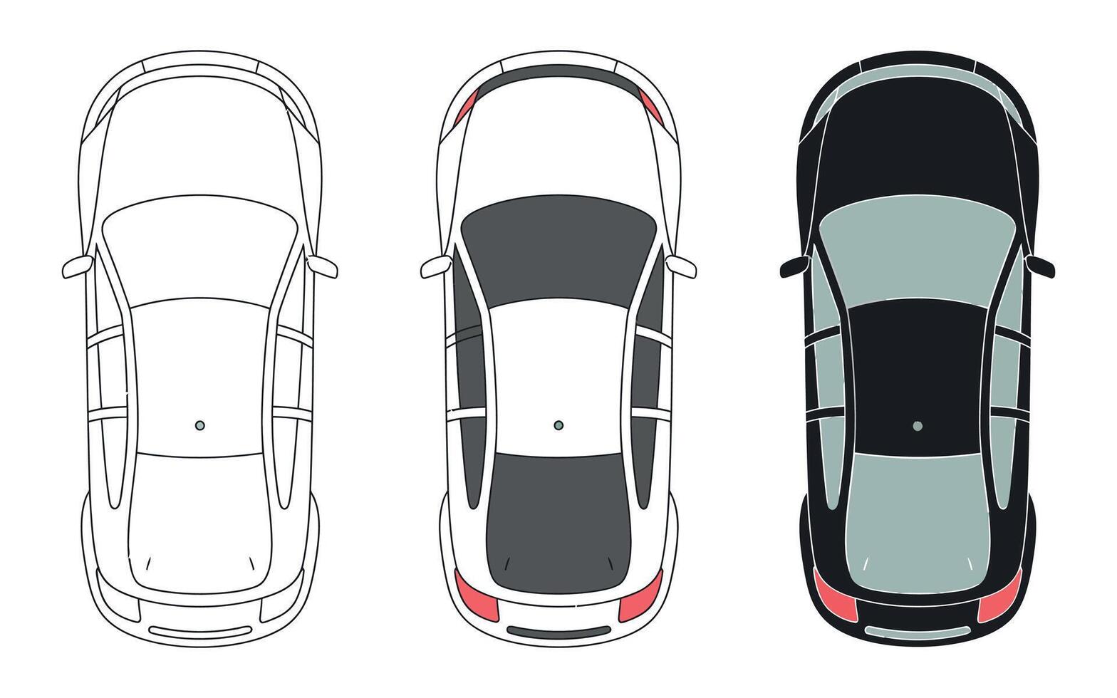 Three Cars Top View Illustration Outline Grayscale and Full Color Versions for Automotive Design and Presentation Purposes on a White Background vector