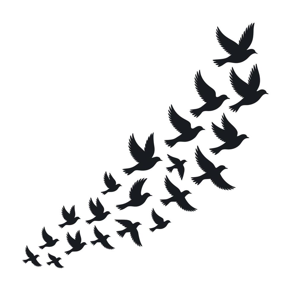Silhouette of a Flock of Birds Flying Upward in a Diagonal Formation Symbolizing Freedom Peace and Hope on an Isolated White Background vector