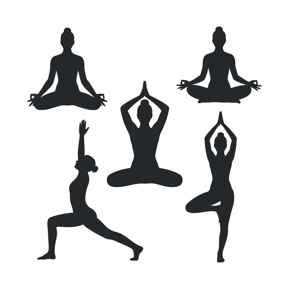 Silhouettes of Women Practicing Yoga Poses for Wellness Meditation Relaxation and Flexibility on a White Background Ideal for Health and Fitness Content vector