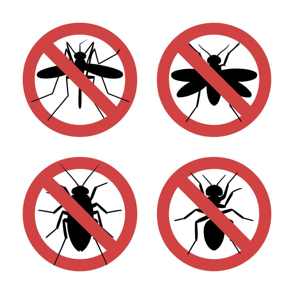 Set of Four Different Insects in a Red Circle with a Line Through It Indicating Prohibition and Pest Control vector