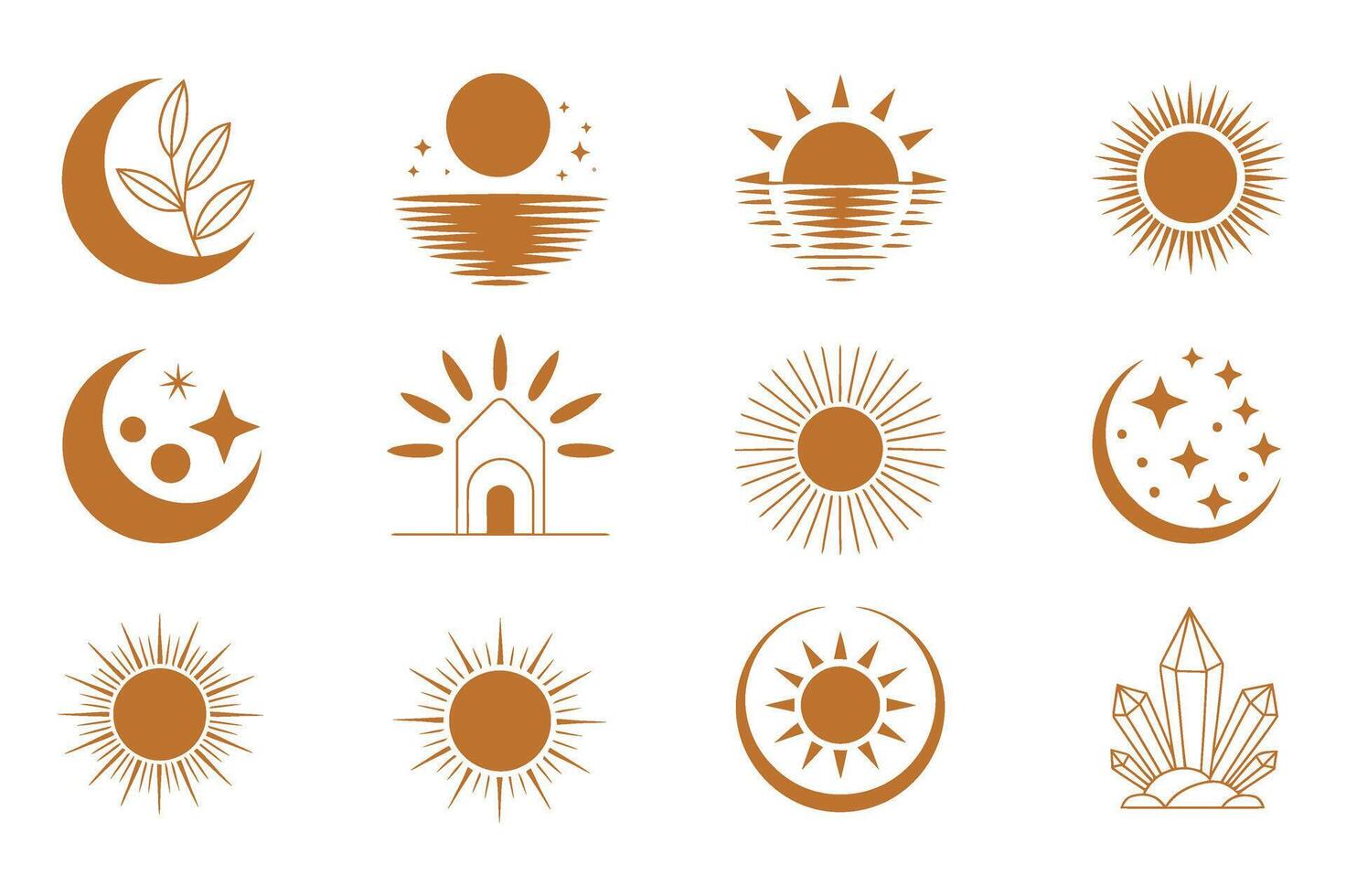 Collection of Minimalist Celestial and Natural Element Icons in Brown Tones on a White Background for Graphic Design and Branding vector