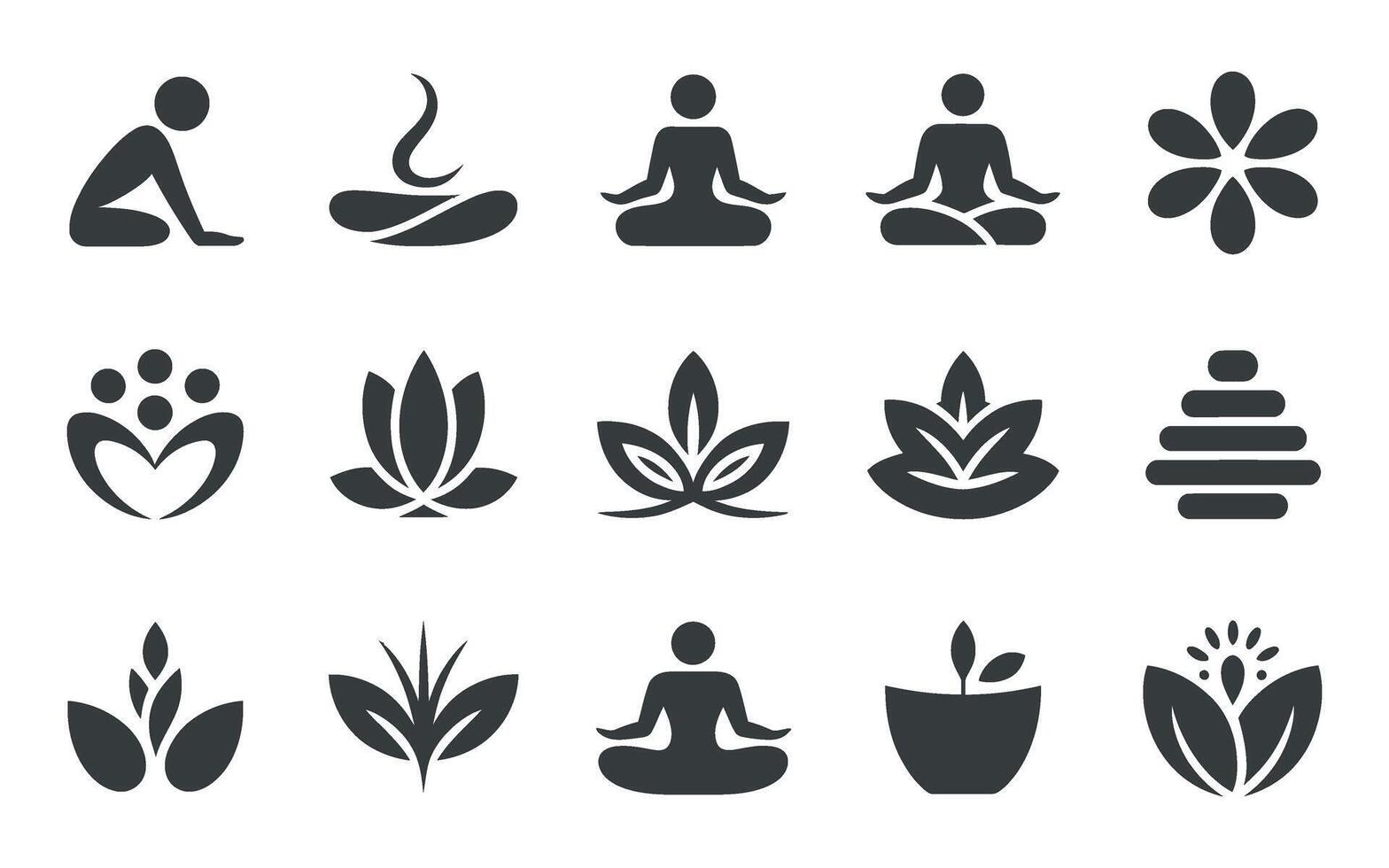 Collection of Yoga Wellness and Nature Inspired Icons for Meditation Relaxation and Holistic Health Practices in Black vector