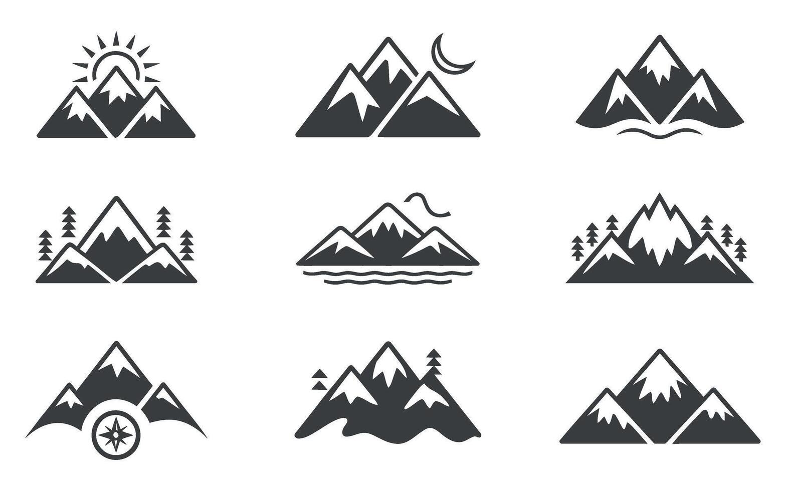Set of Mountain Icons with Different Elements Like Sun Moon Trees Compass and Water in Simple Black and White Style vector