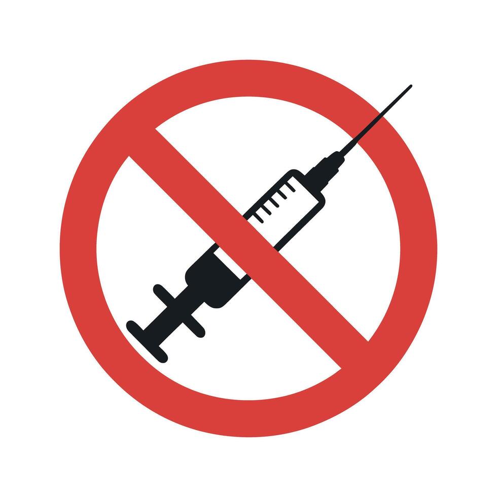 No Syringe Symbol A Red Circle with a Line Through a Syringe Representing No Injections or Drug Use Isolated on White vector