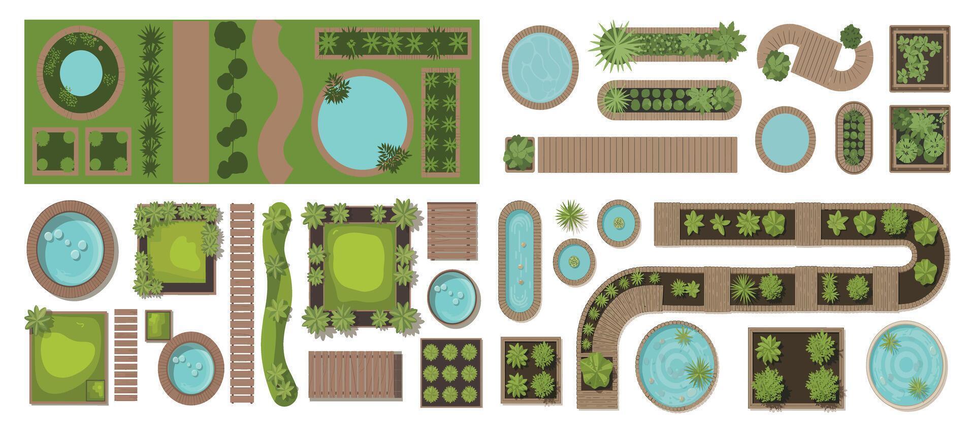 Top View Garden Design Elements with Ponds Paths Plants and Wooden Structures for Landscaping and Outdoor Space Planning and Architectural Visualization Purposes vector