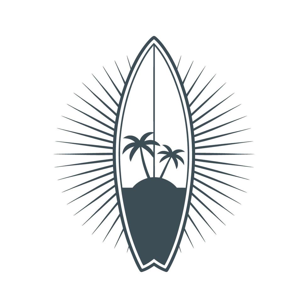 Minimalist Surfboard with Palm Trees and Sunburst Design Representing Summer Vacation Tropical Getaway Beach Lifestyle and Surfing Culture in a Clean and Modern vector