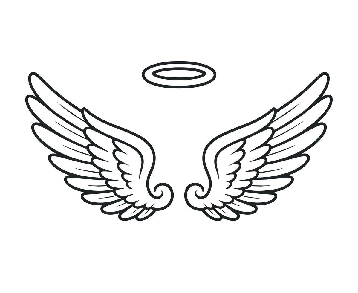 Simple Angel Wings with Halo Outline Illustration on White Background for Graphic Design and Decoration Projects and Religious Themes vector