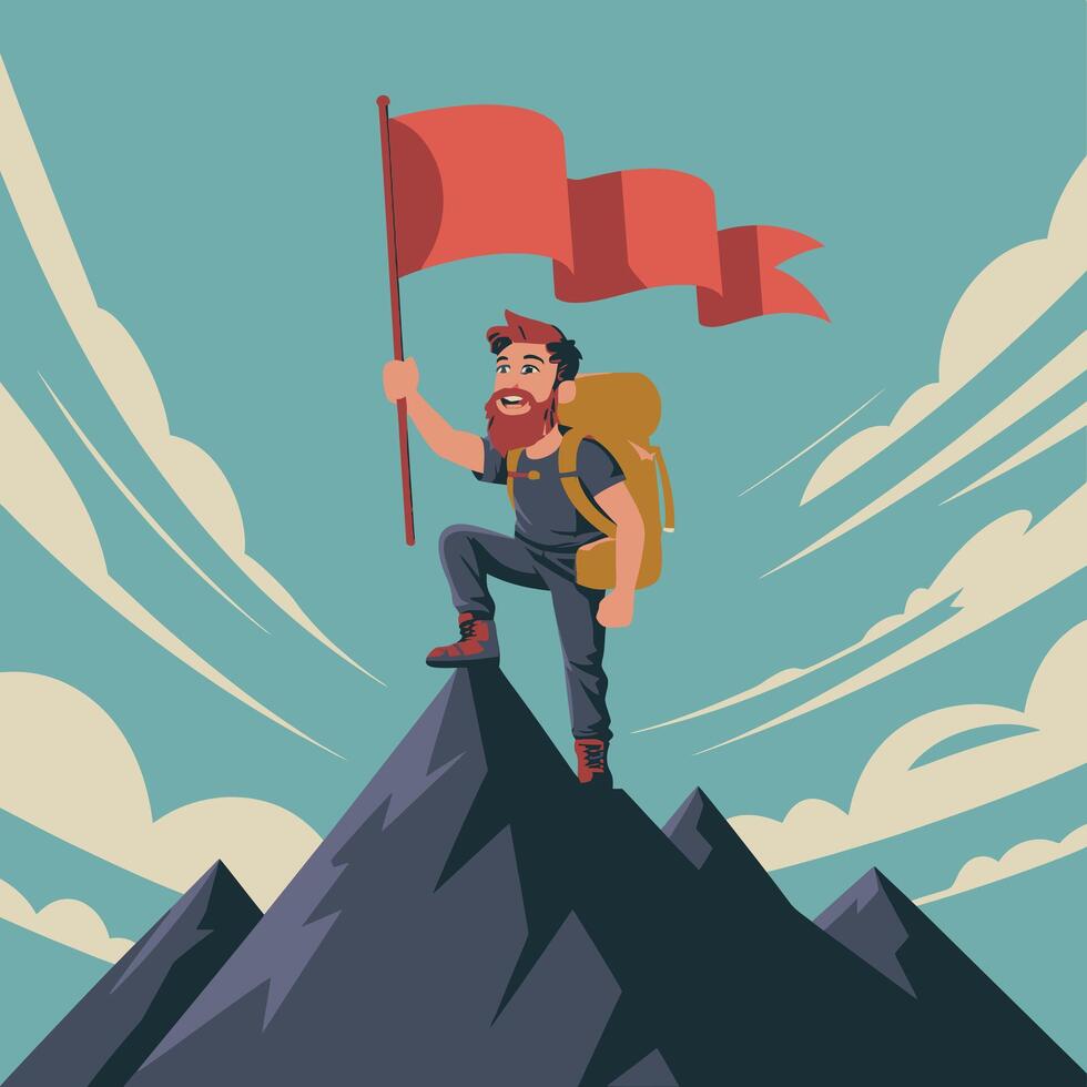 Cartoon Hiker Reaching the Summit with Red Flag Celebrating Victory and Achievement in Mountain Landscape Against Cloudy Sky Background vector