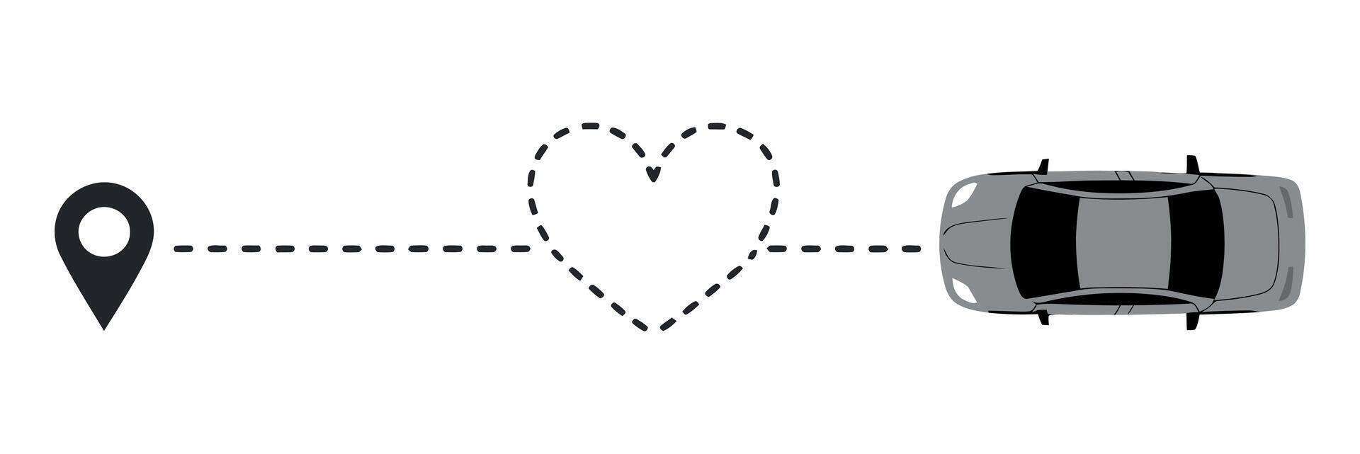 Car Trip with Love Route A Journey from Location Pin to Destination with Heart Shaped Dotted Line Path vector