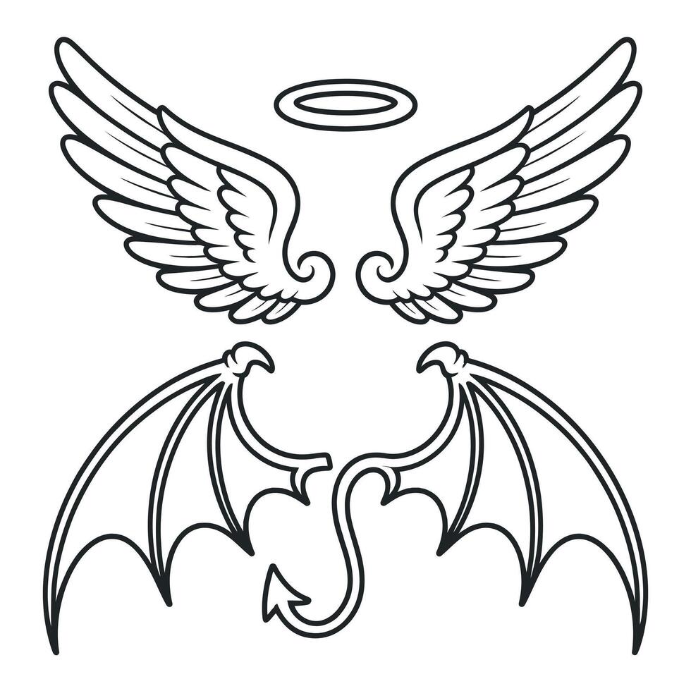 Angel and Devil Wings with Halo Outline Illustration for Good Versus Evil Concepts and Design Elements in Black and White vector