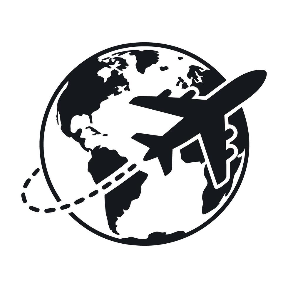 Global Air Travel Icon Depicting a Plane Flying Around the World with a Dotted Flight Path in Black and White vector