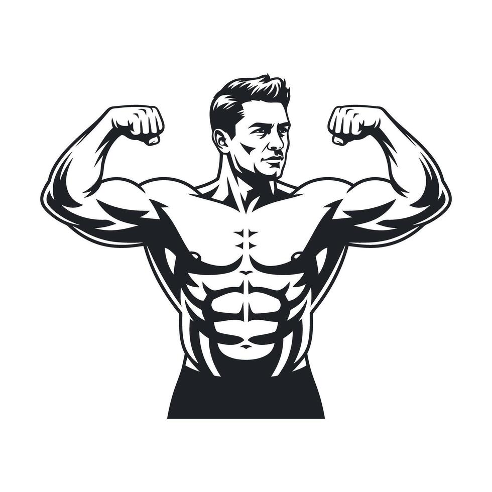 illustration of a muscular man flexing his biceps showcasing strength fitness and bodybuilding in a bold black and white design vector