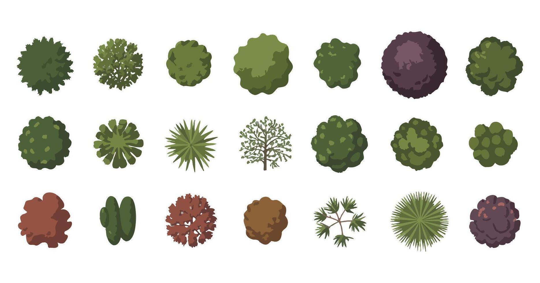 Collection of Top View Tree Illustrations for Architectural and Landscape Design Including Various Shapes Sizes and Colors on a White Background vector