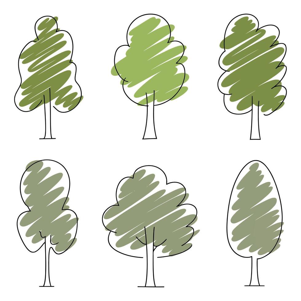 Set of Six Stylized Trees with Scribbled Green Foliage and Black Outlines Isolated on White Background Simple Tree Illustration Nature Concept vector