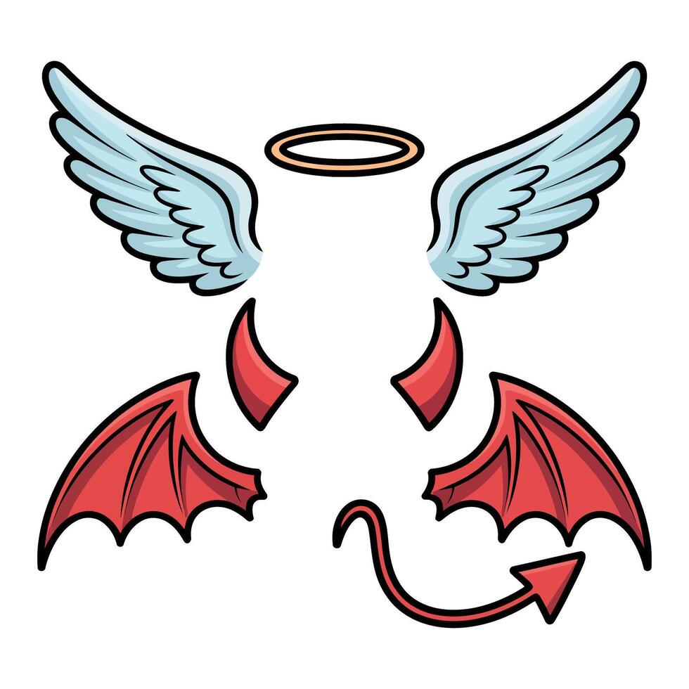 Cartoon Angel and Devil Elements with Wings Halo Horns and Tail Isolated on White Background for Halloween or Fantasy Concept vector