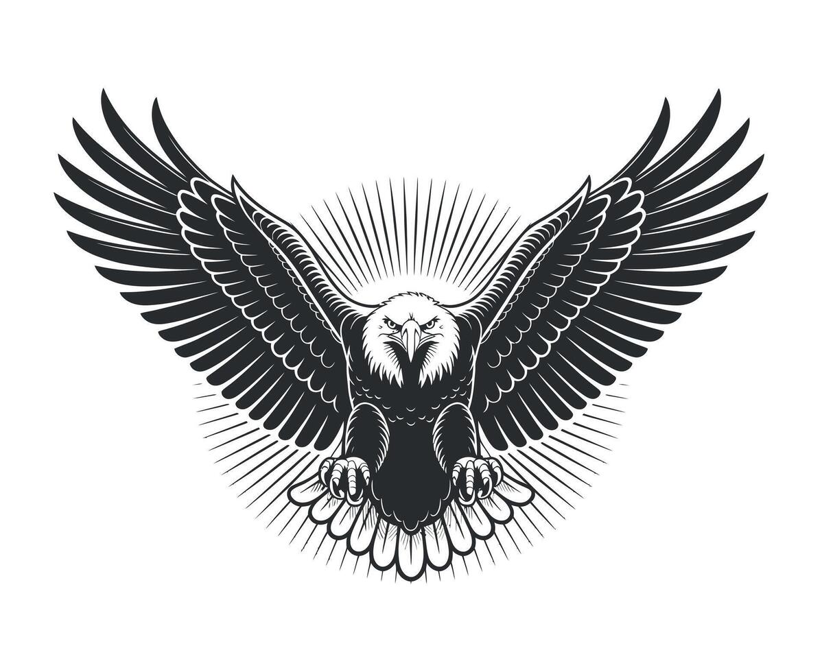 Majestic Eagle with Open Wings and Radiating Light a Symbol of Freedom Power and American Heritage in a Bold Black and White Design vector