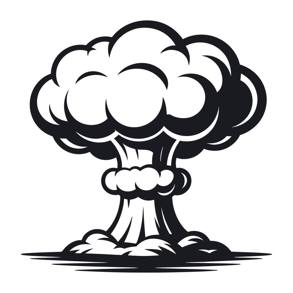 Monochrome Illustration of a Nuclear Explosion with Mushroom Cloud and Ground Debris Isolated on White Background for Design vector