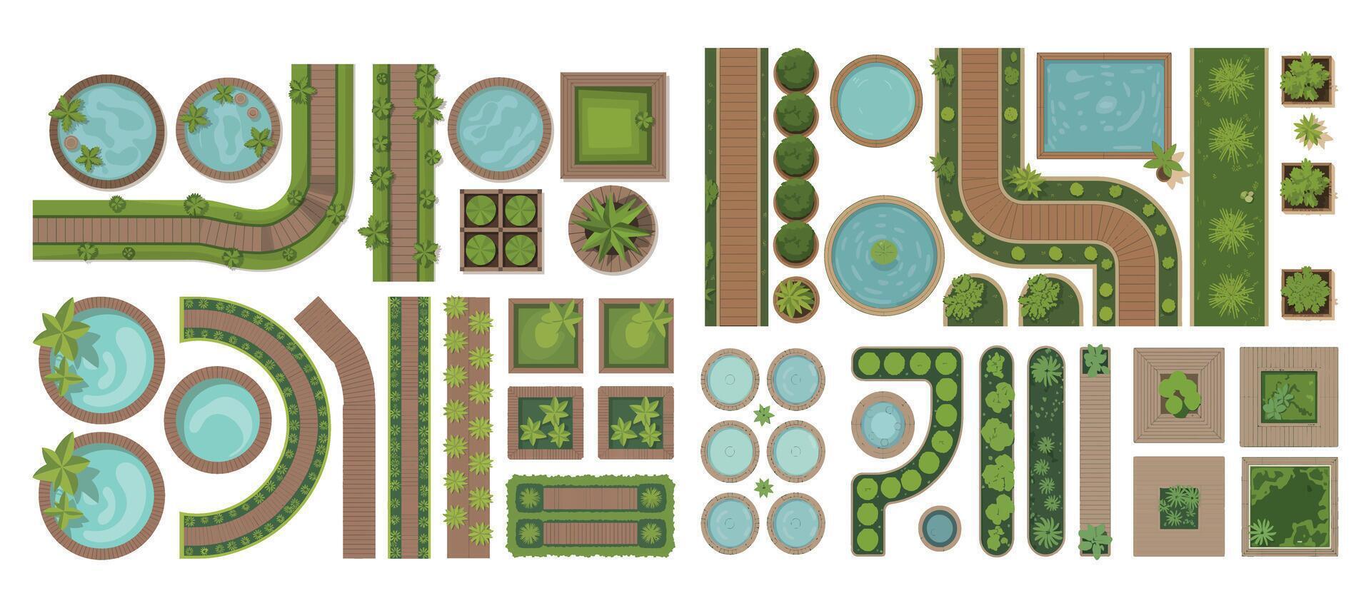 Top View Garden Landscape Elements with Pools Paths and Greenery for Architectural Design and Planning on White Background Isolated vector