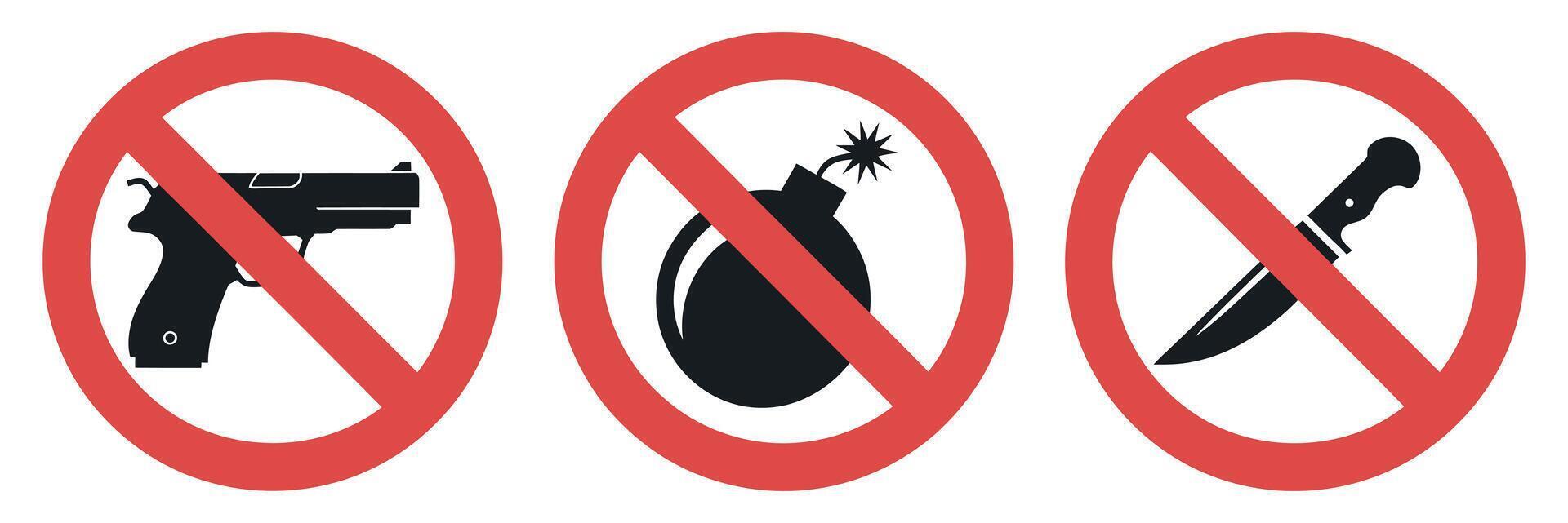 Prohibited Items Sign with Gun Bomb and Knife Depicting No Weapons Allowed Violence Prevention and Safety Regulations in a Restricted Area vector