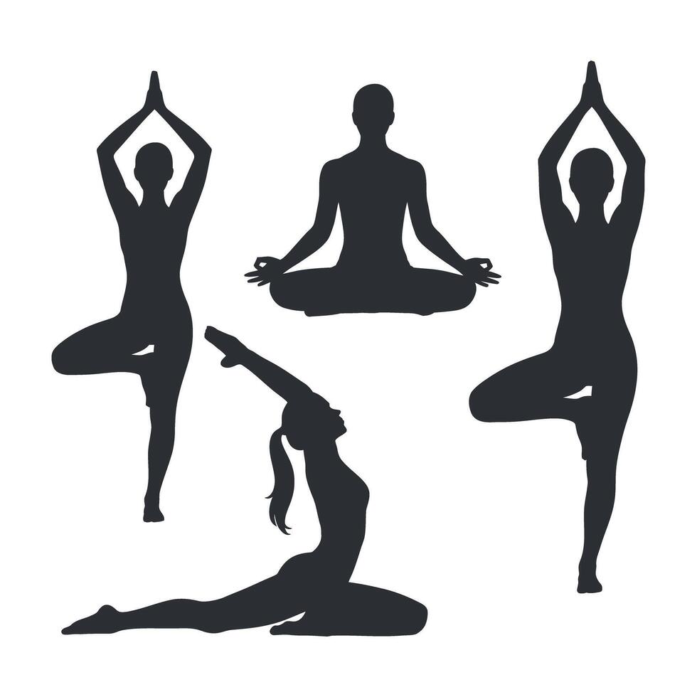 Yoga Poses Silhouette Collection Meditative Asanas for Wellness Balance Flexibility and Strength Representing a Healthy Lifestyle and Mindfulness Practice on White Background vector