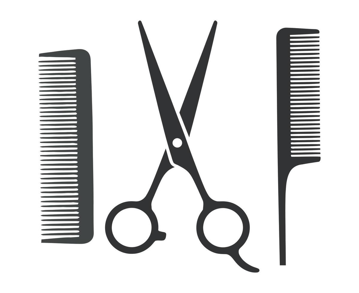 Minimalist Hairdressing Tools Illustration Featuring Scissors and Combs in Dark Gray on a White Background for Barber Shop or Salon Design vector