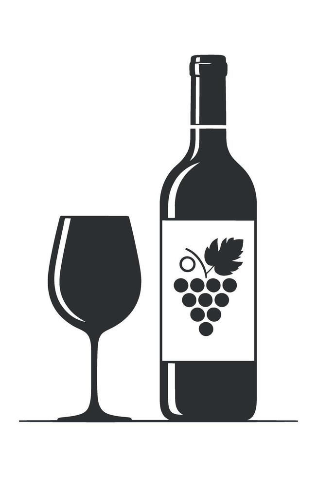 Elegant Wine Bottle and Glass Silhouette with Grape Label Design Perfect for Wine Related Projects and Designs in Black and White Style vector