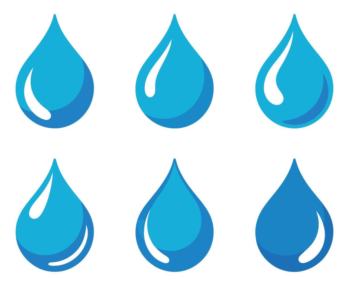 Collection of Six Blue Water Drop Icons with Different Styles and Reflections on a White Background for Use in Graphic Design Projects vector