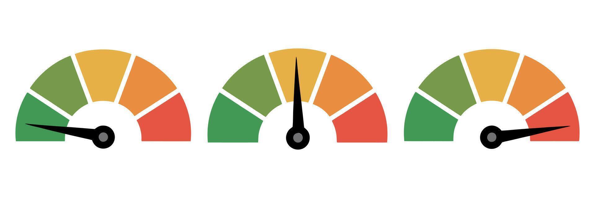 Three colorful gauges showing different levels of performance from low to high on a white isolated background illustration vector