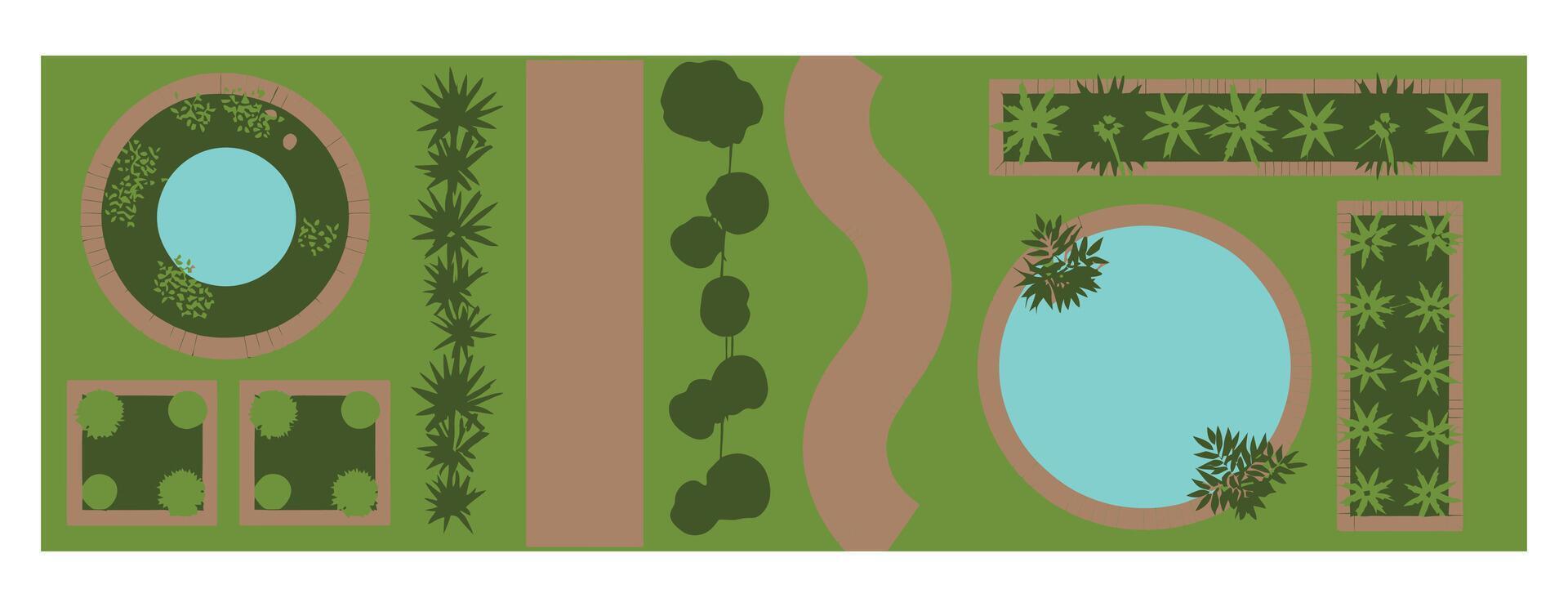 Overhead Garden Plan with Pond Path Trees and Flowerbeds in a Illustration for Landscape Design Projects vector