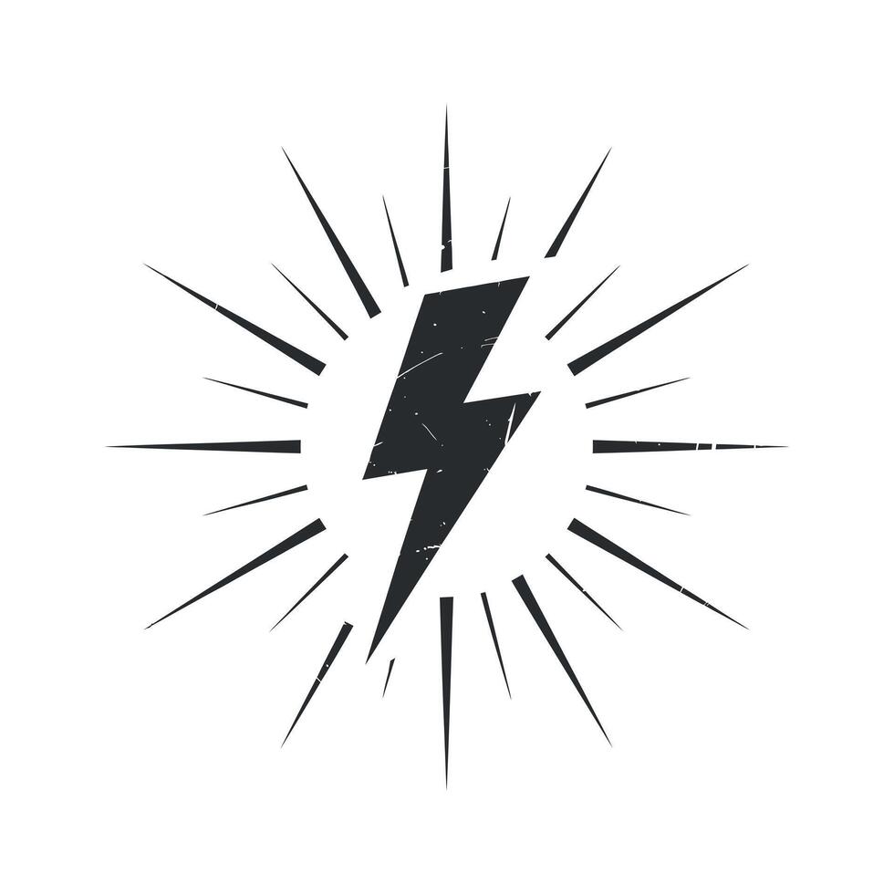 Stylized Lightning Bolt with Sunburst Effect in Black and White with Distressed Texture for Design Elements and Logos vector