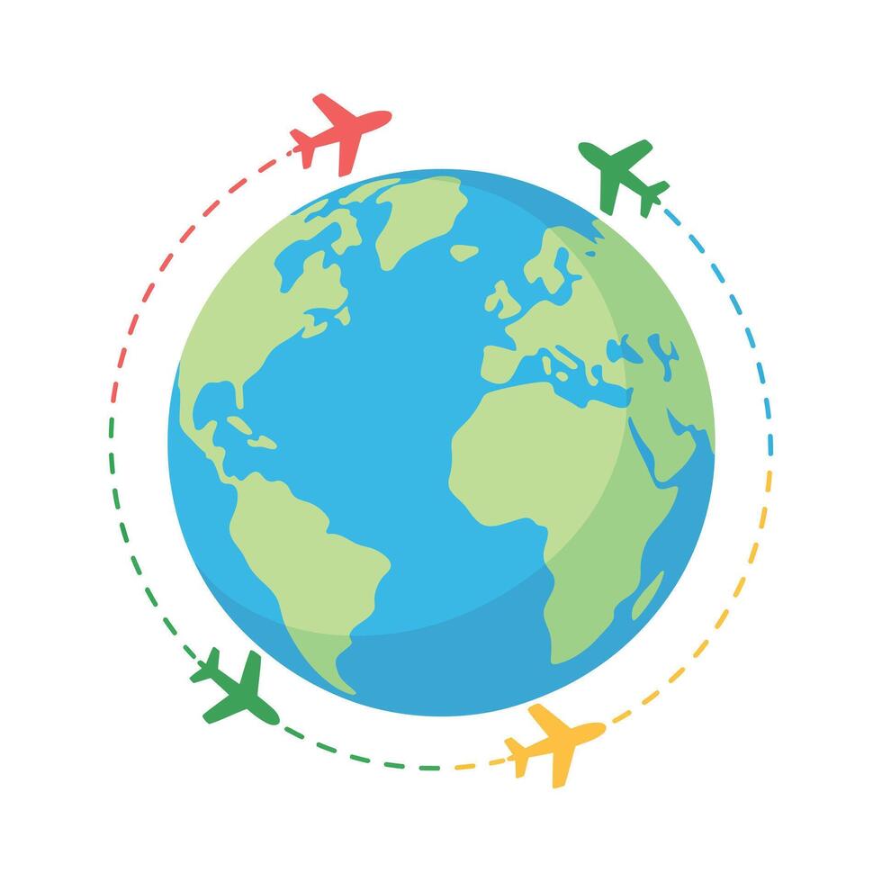 Global Travel Concept with Airplanes Flying Around the World Representing International Destinations and Worldwide Transportation Isolated on White vector