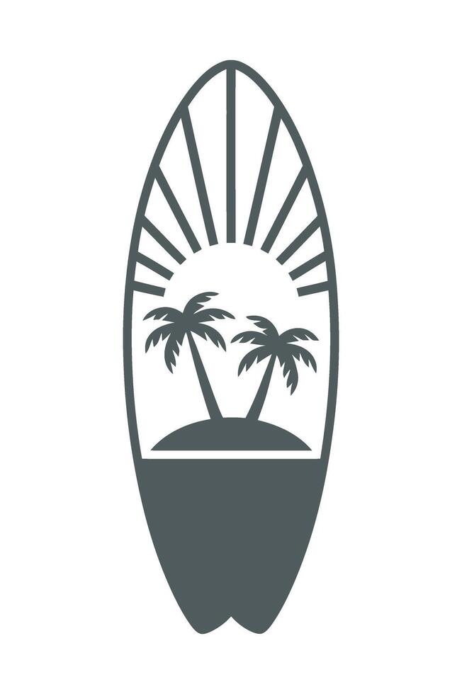 Surfboard Silhouette with Palm Trees and Sun Rays Tropical Island Getaway Summer Vacation Beach Vibe Minimalist Design Illustration vector