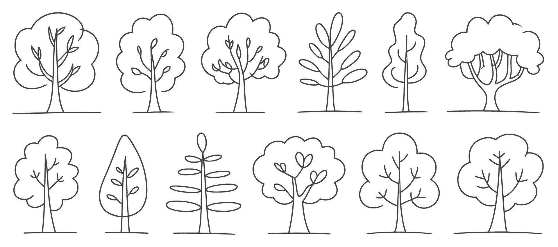 Set of Hand Drawn Trees Black Line Sketch on White Background Simple Tree Illustration for Coloring Book or Design vector