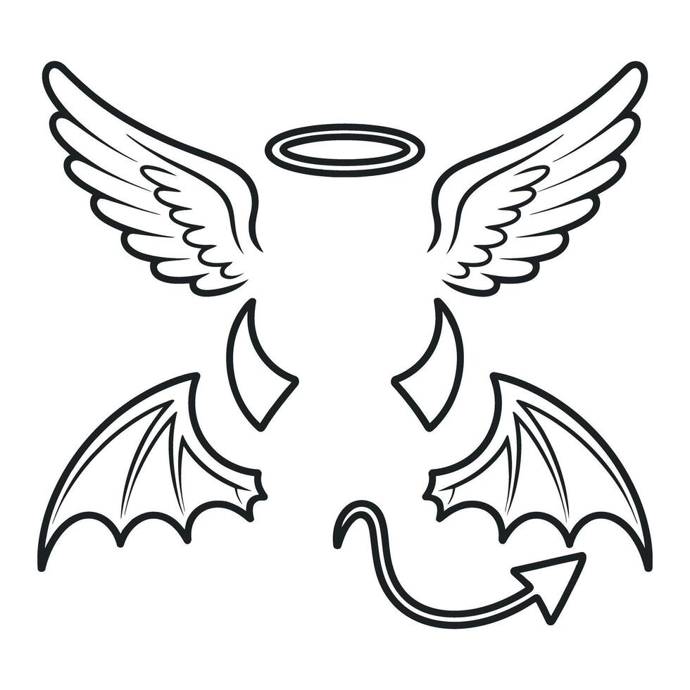 Angel and Devil Elements Outlined in Black and White with Wings Halo Horns and Tail for Design vector
