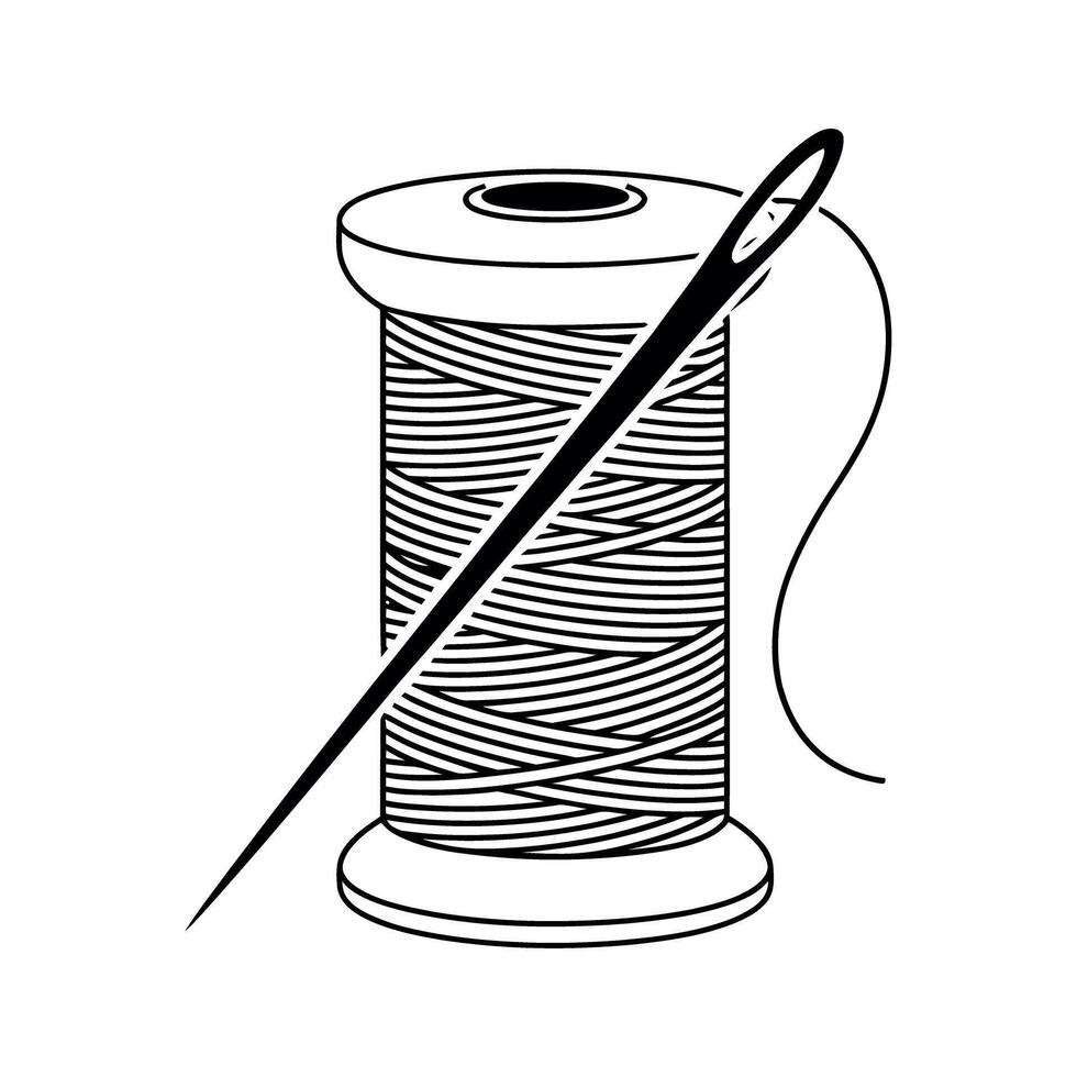 Simple Black and White Illustration of a Thread Spool with a Needle and Thread Attached to It vector